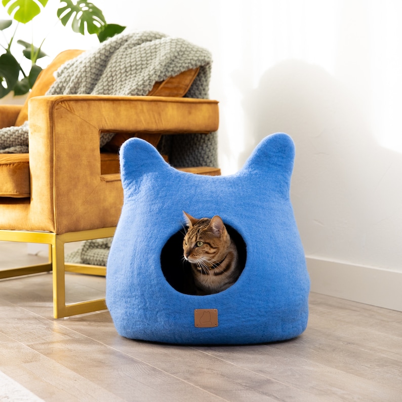 BEST AESTHETIC Cat Bed with Ears Natural Organic Merino Felt Wool SOFT, Wholesome, Cute 1 Modern Cat Corner Cave Handmade and Fun Sky Blue