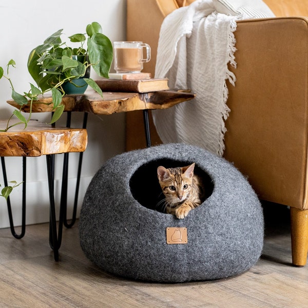 BEST AESTHETIC Cat Bed | Natural Organic Merino Felt Wool | SOFT, Wholesome, Cute | #1 Modern "Cat Corner" Cave | Handmade Round Style