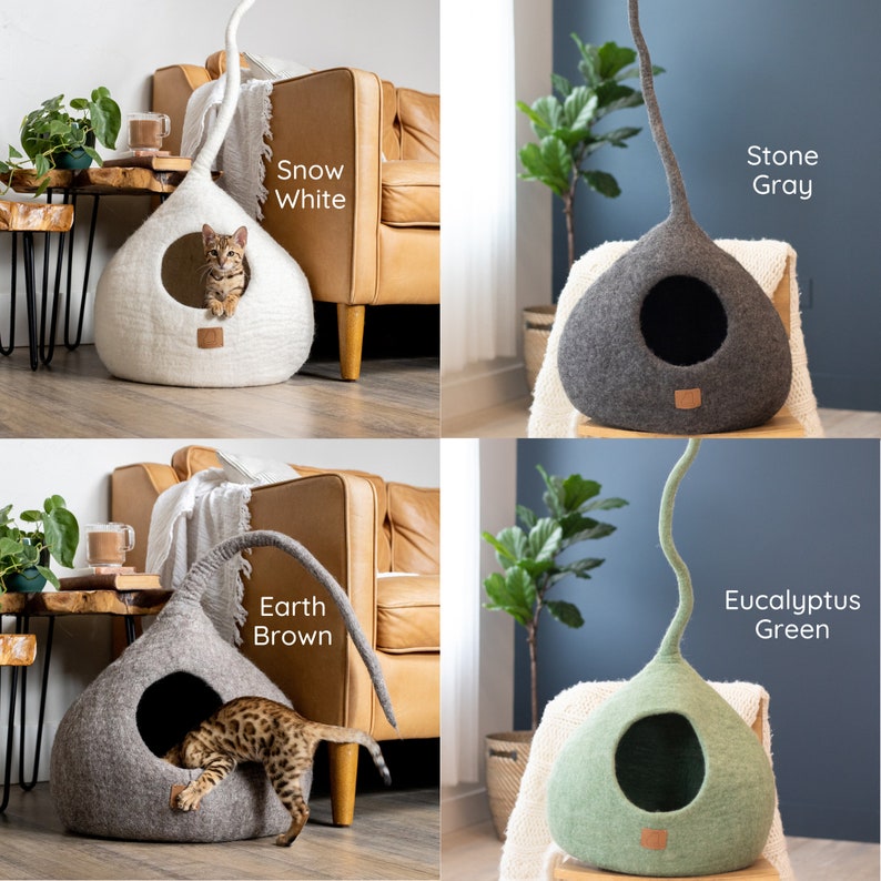 Aesthetic Soft Cat Cave with Tail Organic Merino Felt Wool Happy Cat or Money Back Wholesome Pet Gift Modern Pet Cave Fun Cat Bed image 5