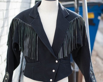 80s Women's Vintage Wool Jacket with Leather Fringe in Black with Silver Buttons