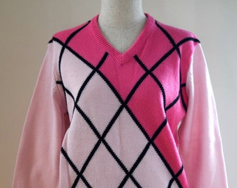 70's Women's Acrylic V-Neck Sweater Pink/Lt. Pink with Black Serrated Diamond Detail