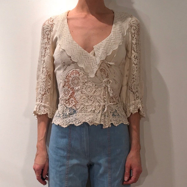 70s Cotton Crochet Boho Hippy Romantic Peasant Poets Blouse