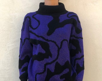 Purple & Black 80s Sweater // Fun Graphic Print // Oversize Slouchy Boyfriend Fit // Ugly Sweater Party // Unisex Men and Women