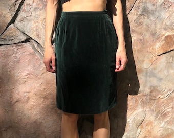 80s Yves Saint Laurent Dark Green Velvet Pencil Skirt WIth Pockets