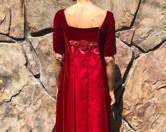 60s Red Velvet Empire Waist Formal Party Dress With Satin Train And Rose Detail