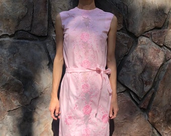 60's Pink Lace Cotton Embroidered Floral Sheath Day Dress
