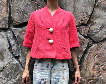 60's Hot Pink Wool Bouclé Cropped Swing Jacket With Statement Buttons