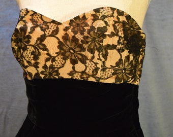 60s Glamorous Strapless Evening Dress Lace and Black Velvet