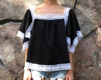 70's Boho Baby Doll Top Black Poly With White Lace