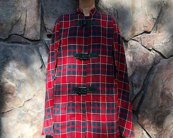 60s Wool Tartan Cape With Vinyl Buckles Scottish Fall Preppy Plaid
