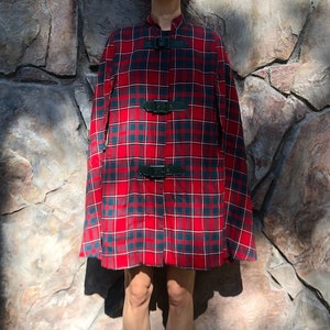 60s Wool Tartan Cape With Vinyl Buckles Scottish Fall Preppy Plaid