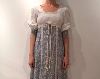 70s Prairie Dress Blue With Tiny Floral Cotton Print Crochet Lace Trim