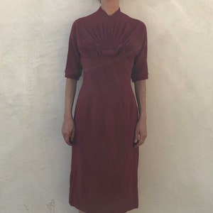 60s Lilli Ann Plum Pink Wool Angora Fitted Wiggle Dress With Elaborate Pleated Bodice
