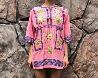 70's Embroidered Mirrored Glass Shisha Pink Tunic Mini Dress Boho Fun