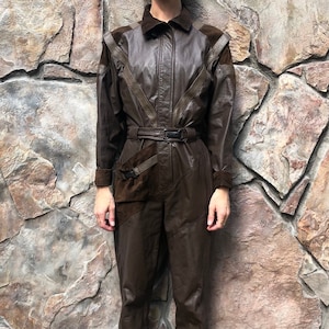80s Brown Leather Jumpsuit // Multiple Buckles // Multiple Straps // Suede Shoulders // Stars Wars Inspired