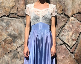 30s Sheer Silk Applique Sweetheart Neckline Periwinkle Blue Party Dress