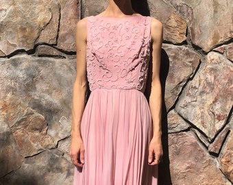 60's Pink Silk Chiffon Party Dress With Beautiful Beaded Bodice And Full Gathered Skirt