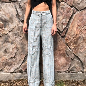 70s Wool Tweed High Waisted Bell Bottom Cuffed Trousers With Patch Pockets