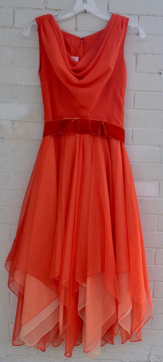 60's Orange Chiffon Dress Miss Elliette Layered Fa