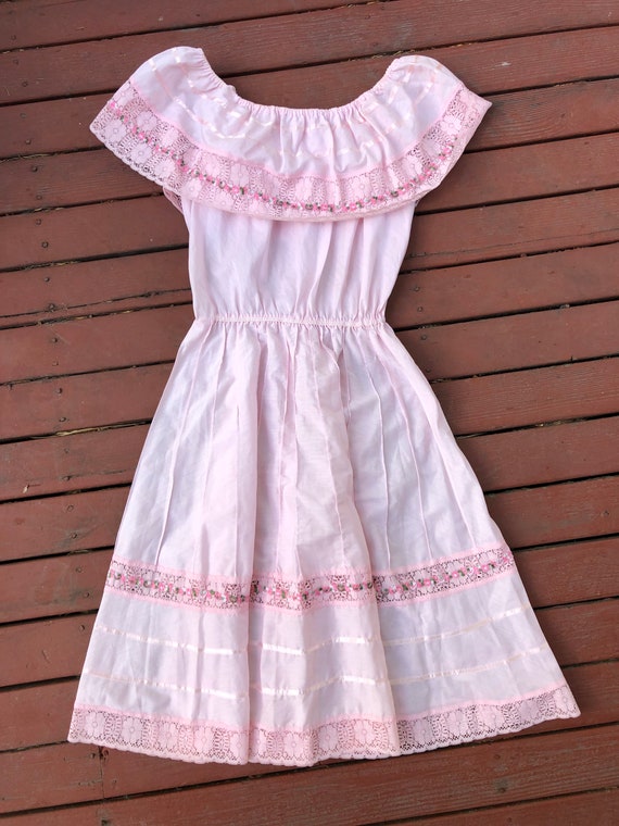 70s Off The Shoulder Ruffled Tiered Pink Prairie … - image 5