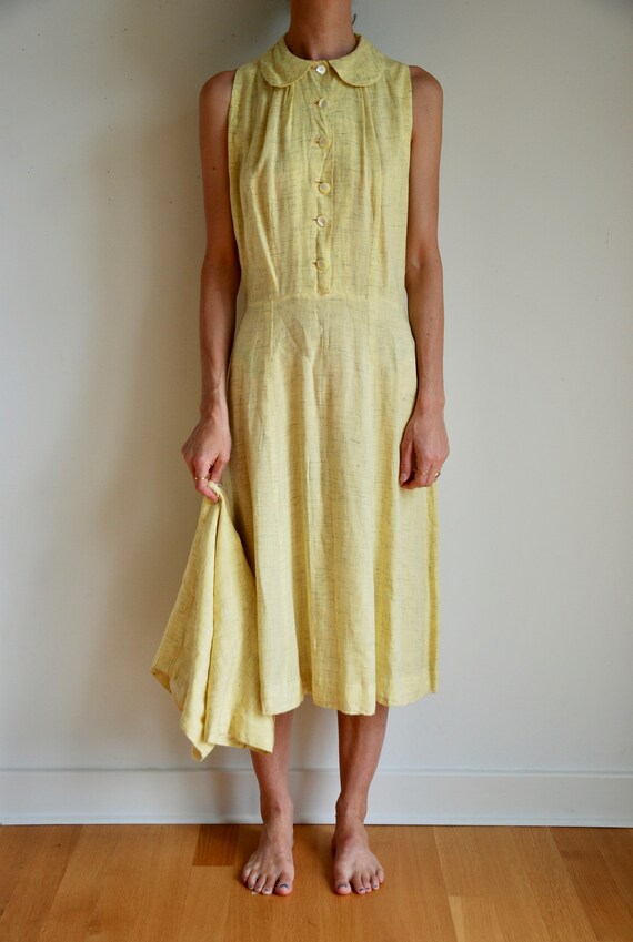 40's rayon pale yellow shirt dress with matching b