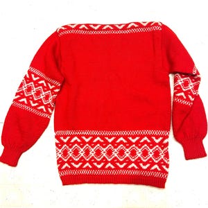 1970&#39;s Vintage Nordic Ski Sweater//All Wool//Traditional Design//Boatneck Collar//Red Color-White Detail//Gathered Cuffs and Hem