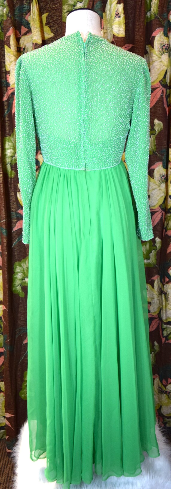 60's Green Chiffon formal Dress with Beaded Bodic… - image 4