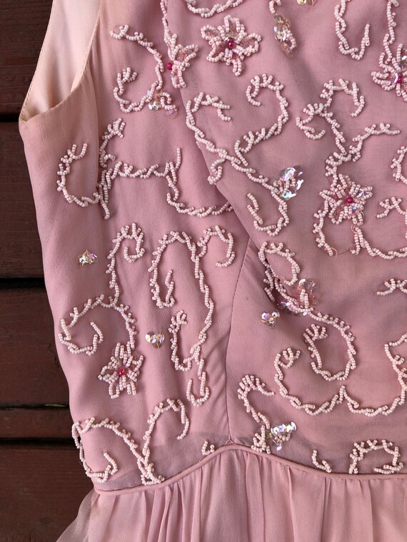 60's Pink Silk Chiffon Party Dress With Beautiful… - image 9