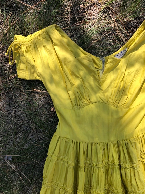 40s Yellow Cotton Fit And Flare Tiered Ruffled Sw… - image 7