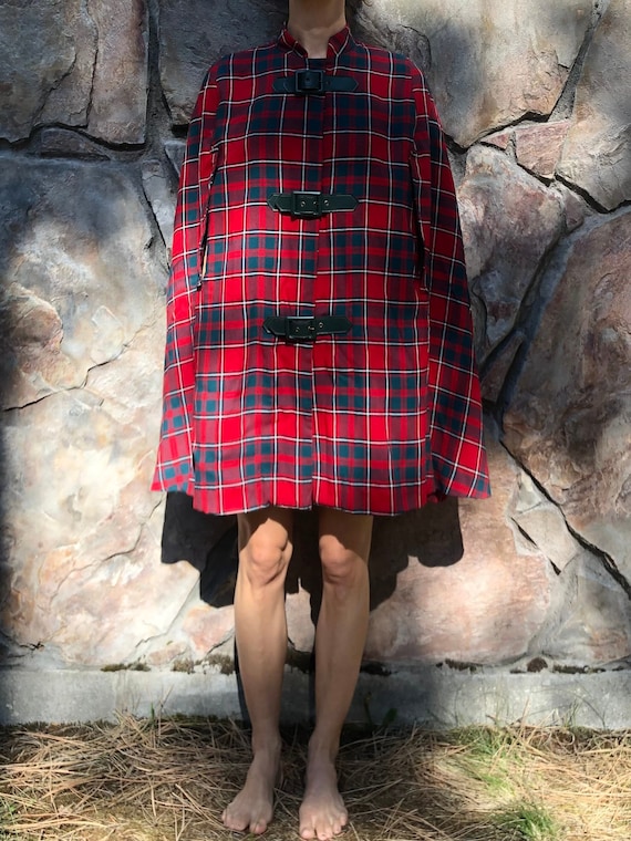 60s Wool Tartan Cape With Vinyl Buckles Scottish Fall Preppy Plaid