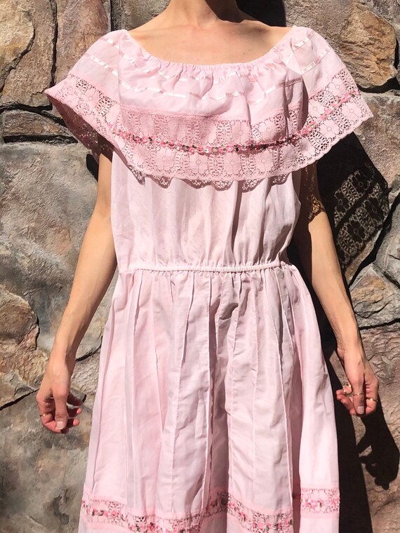 70s Off The Shoulder Ruffled Tiered Pink Prairie … - image 4