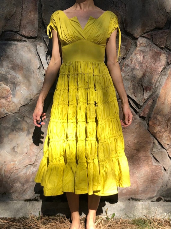 40s Yellow Cotton Fit And Flare Tiered Ruffled Swi