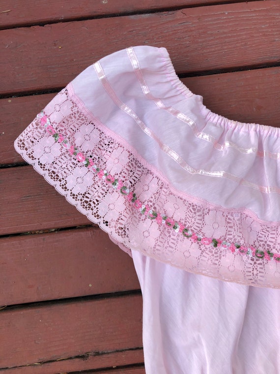 70s Off The Shoulder Ruffled Tiered Pink Prairie … - image 7