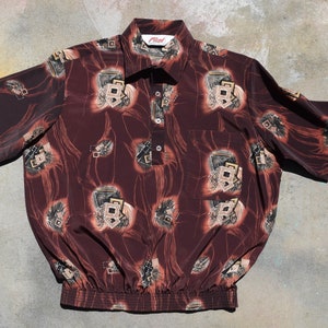Vintage 70&#39;s Brown Polyester Shirt Jac 4 Button Pullover with Elastic Waist