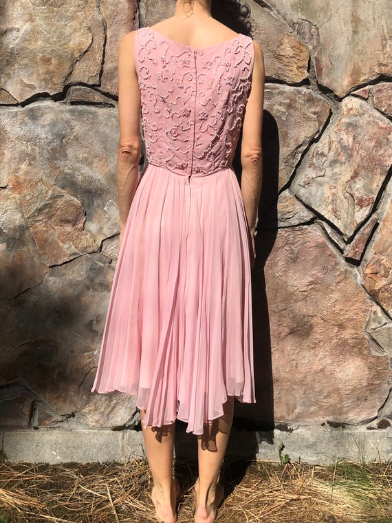 60's Pink Silk Chiffon Party Dress With Beautiful… - image 3