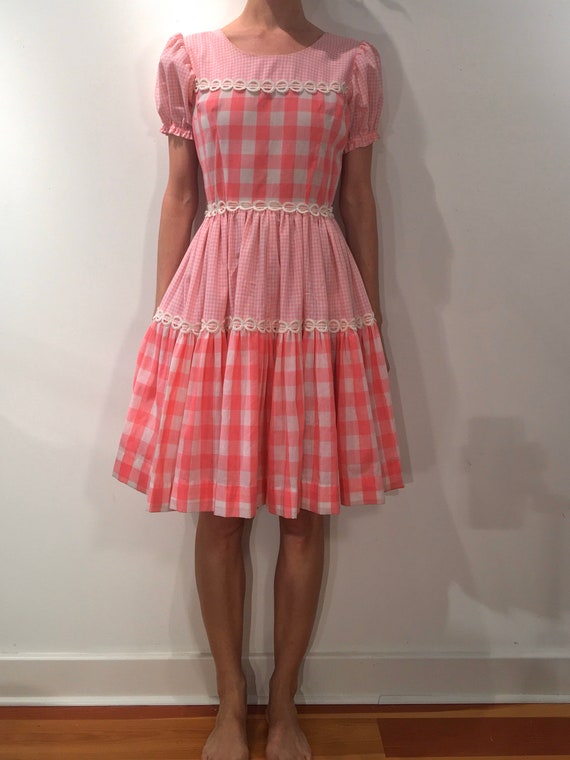70s Pink Check Prairie Dress With Full Skirt And L