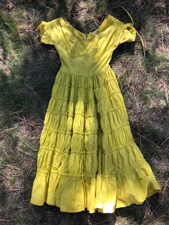 40s Yellow Cotton Fit And Flare Tiered Ruffled Sw… - image 5