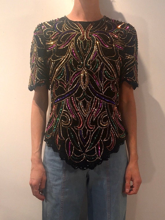 80s Laurence Kazar New York Beaded Sequined Silk Part… Gem