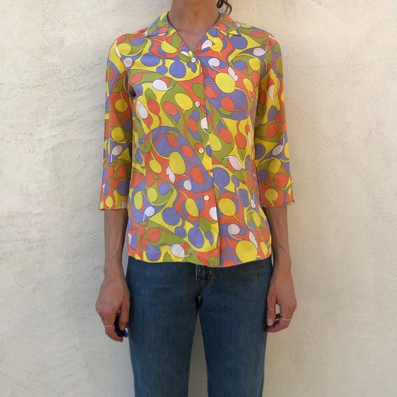 70s Bonnie Day Floral Psychedelic Nylon Button Up… - image 1