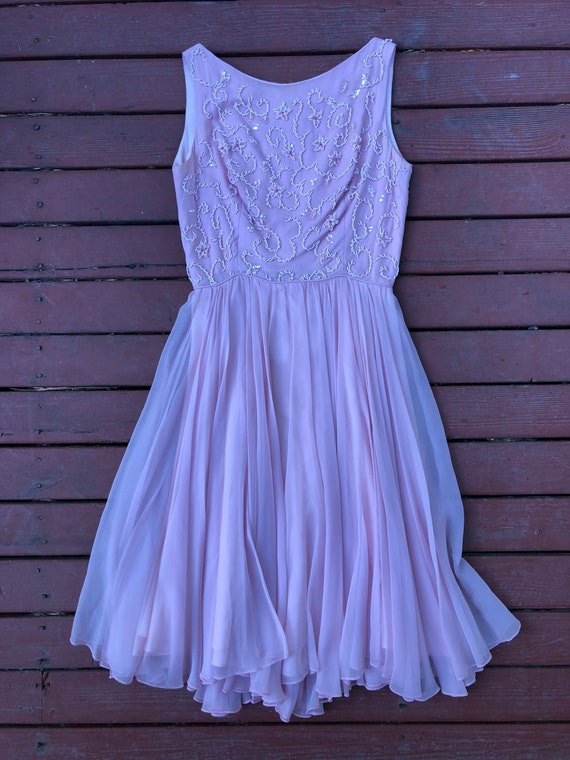 60's Pink Silk Chiffon Party Dress With Beautiful… - image 5