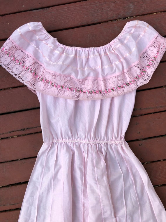 70s Off The Shoulder Ruffled Tiered Pink Prairie … - image 6