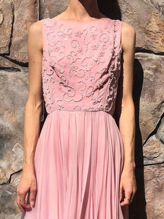 60's Pink Silk Chiffon Party Dress With Beautiful… - image 4