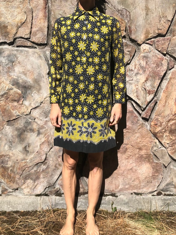 60's Daisy Mod Pop Print Cotton Shirt Mini Dress