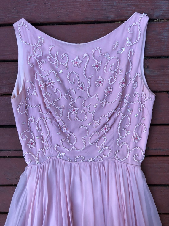 60's Pink Silk Chiffon Party Dress With Beautiful… - image 6