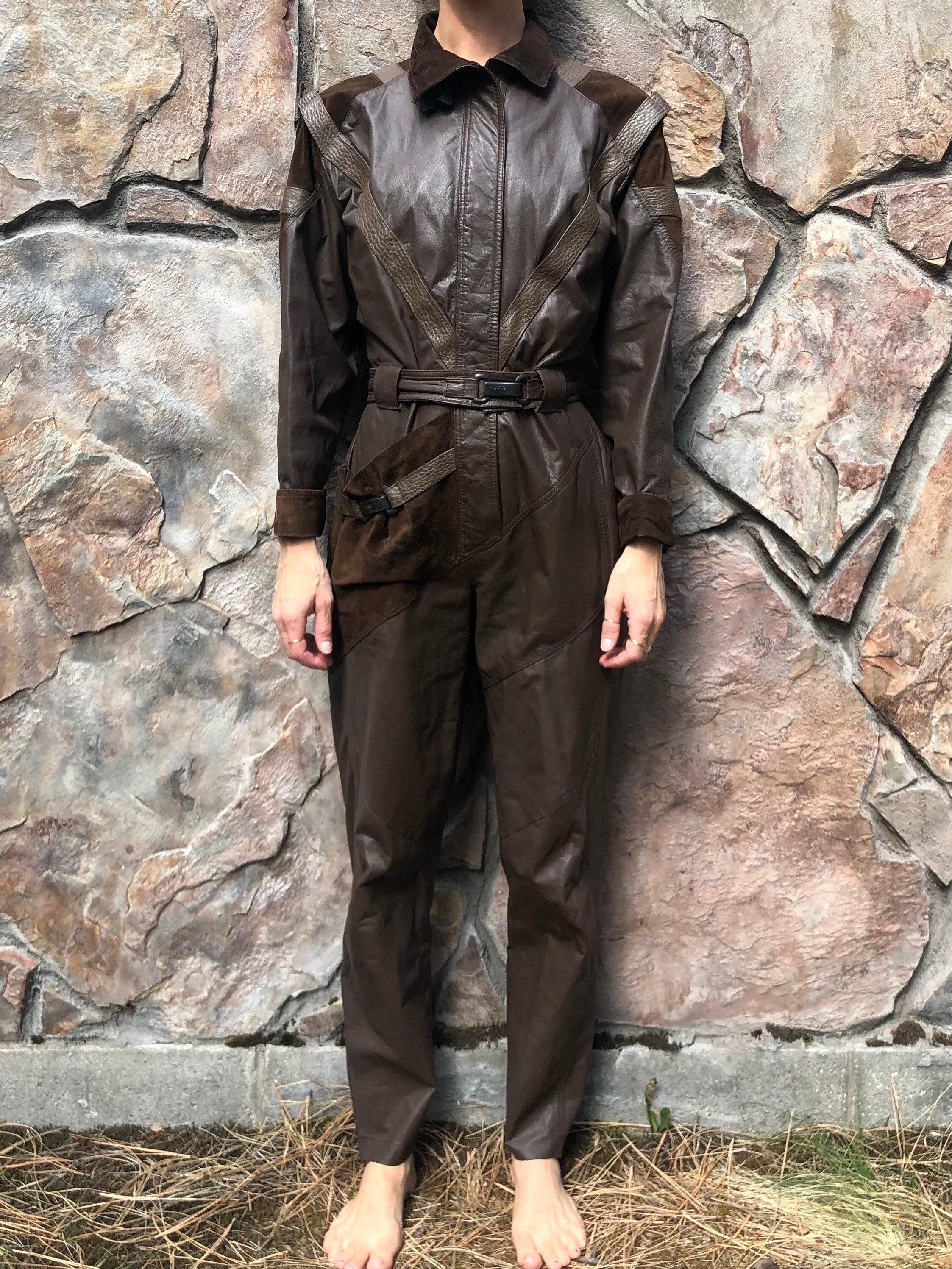 80s Brown Leather Jumpsuit // Multiple Buckles // Multiple Straps