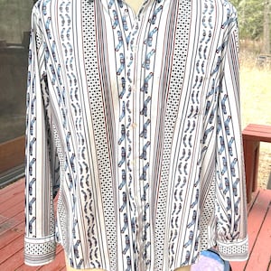 Vintage 1970&#39;s//Kingsport Poly Disco Shirt//Men&#39;s Size LARGE//Stripes and Belts Design//All Poly//Made in Korea