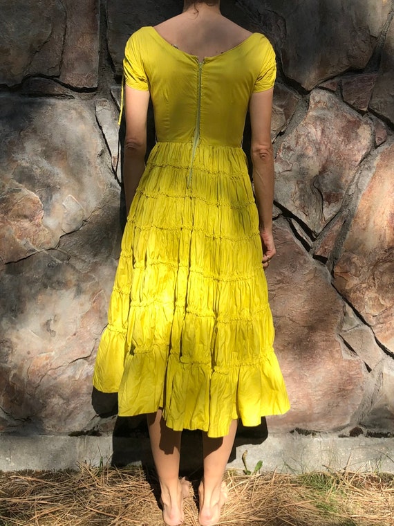 40s Yellow Cotton Fit And Flare Tiered Ruffled Sw… - image 3