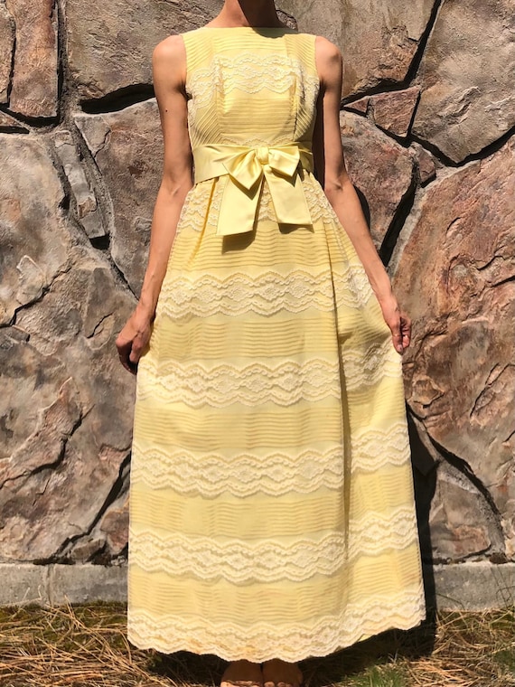 60s Yellow Lace Formal Bridesmaid Party Dress With Satin Bow