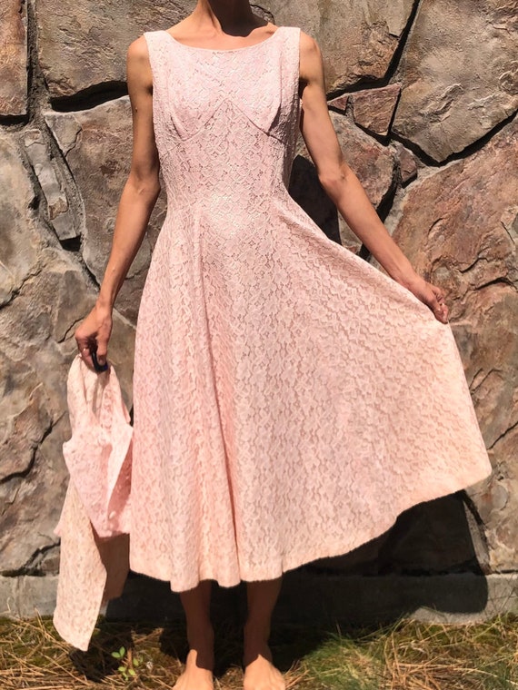 50's Pink Cotton Lace Party Dress Fit N Flare with Full Skirt and Jacket