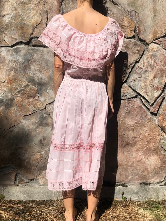 70s Off The Shoulder Ruffled Tiered Pink Prairie … - image 3